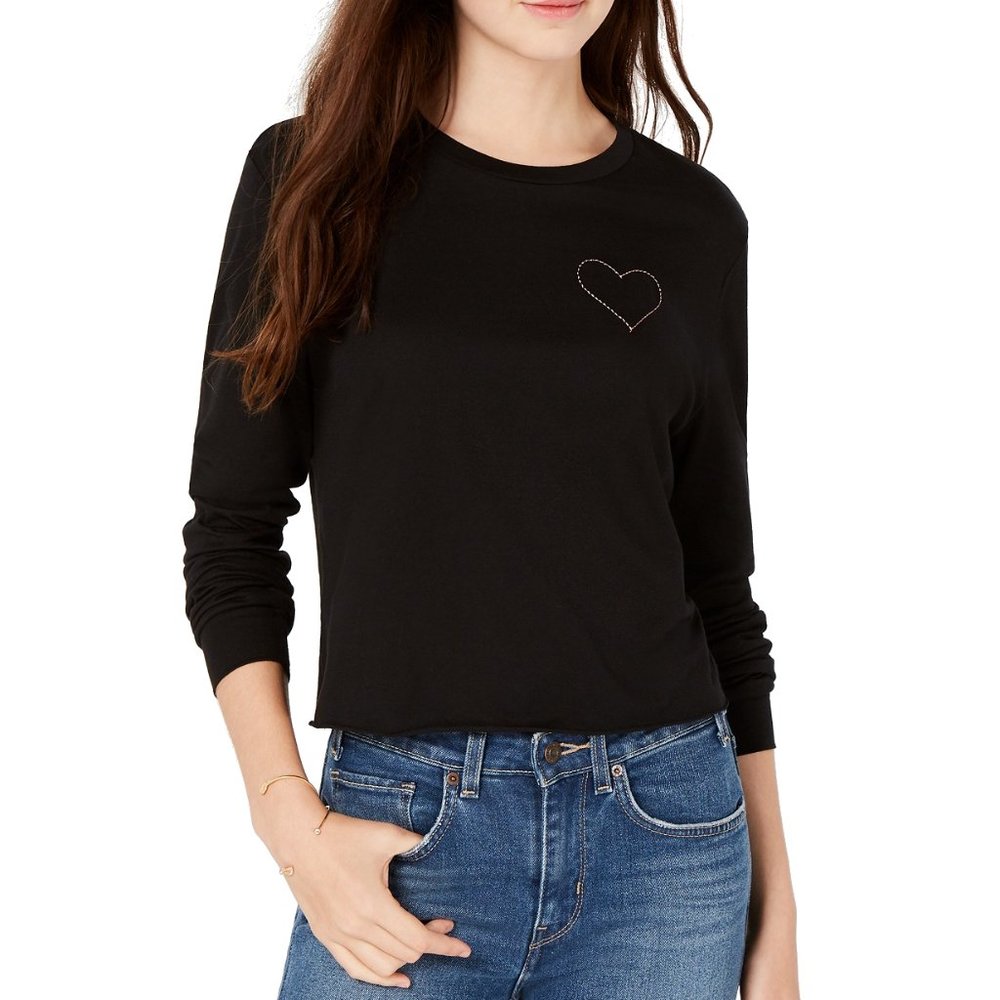 Carbon Copy Black Long Sleeve Tee with Heart Embroidery